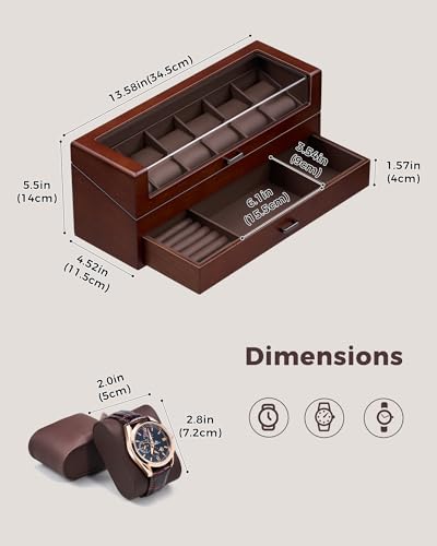 ProCase High End Wooden Watch Box for Men, 2-Layer Wood Watch Display Case Men's Jewelry Organizer Box with Drawer -6 Slot, Walnut