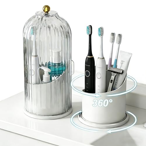 Bathroom Toothbrush Holder Organizer, 360° Rotating Toothbrush Storage Caddy with Dustproof Cover, Countertop Toothpaste Holder for Electric Toothbrushes, Makeup Brushes