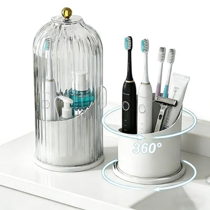 Bathroom Toothbrush Holder Organizer, 360° Rotating Toothbrush Storage Caddy with Dustproof Cover, Countertop Toothpaste Holder for Electric Toothbrushes, Makeup Brushes