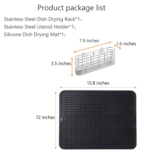 NiuYichee Stainless Steel Dish Drying Rack(15"L X 11"W X 4.1"H), Expandable Fruit & Vegetable Drain Rack over Sink, Dish Drainer Rack in Sink, with Stainless Steel Utensil Holder & Silicone Mat(16")