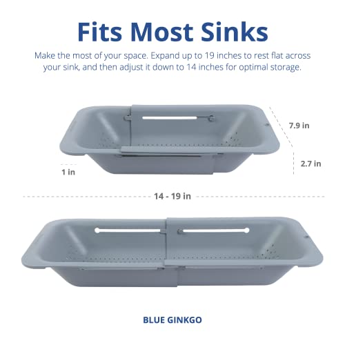 Blue Ginkgo Over Sink Colander, Extendable Kitchen Strainer, Grey | Fits Most Sinks. Rinse, Drain and Dry with Ease.