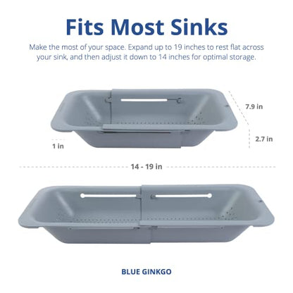 Blue Ginkgo Over Sink Colander, Extendable Kitchen Strainer, Grey | Fits Most Sinks. Rinse, Drain and Dry with Ease.