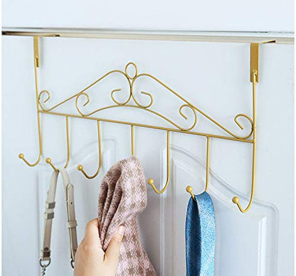 eywlwaar Gold Over The Door Hooks 7 Hanger Rack Heavy Decorative Metal Rack for Home Use Hats Coats Key Bag Clothes Scarfs Hooks (Golden)