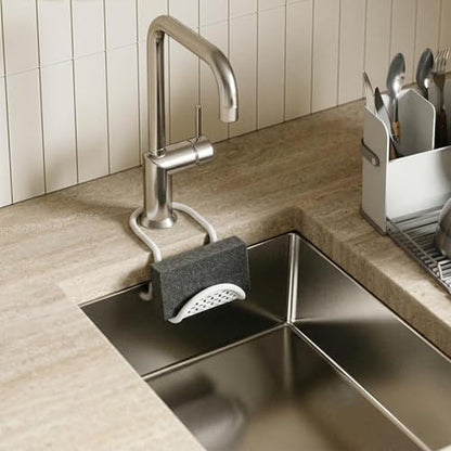 Umbra Sling Flexible Sink Caddy, Elastic Non-Slip Sponge Holder, White | Rubber material, perforated base for drainage, prevents moisture buildup, fits faucet necks, easy rinse clean