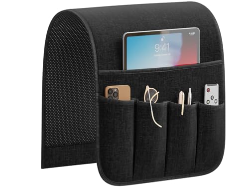 Sofa Armrest Organizer Non-Slip Remote Control Holders for Recliner Couch Chair Armchair Caddy with 5 Pockets for Table,Cell Phone,Ipad,Magazines,Books (Black, 13 x 35 Inch)