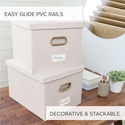 Decorative File Organizer Box Set of 2 - Collapsible Linen Filing Cabinets | Stores Documents and Hanging File Folders - Portable Office Crates with Lid and Handles for Easy Slide Access