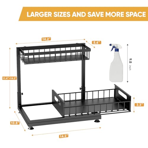 2-Pack L-Shaped Under Sink Organizer, 2-Tier Pull-out Cabinet Rack | Black Height-Adjustable Steel Rack, Sliding Grid Drawers with PP Liners, Holds 100 Lbs, Suction Base, Ideal Kitchen Storage