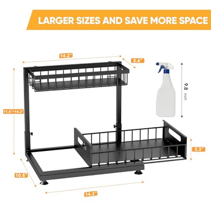 2-Pack L-Shaped Under Sink Organizer, 2-Tier Pull-out Cabinet Rack | Black Height-Adjustable Steel Rack, Sliding Grid Drawers with PP Liners, Holds 100 Lbs, Suction Base, Ideal Kitchen Storage