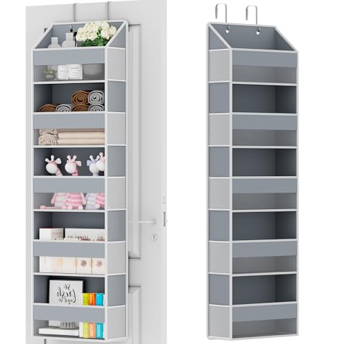 Over The Door Organizer - Over Door Storage Organizer with 5 Large Pockets & 10 Mesh Side Compartments - Heavy-Duty Hanging Storage for Bathroom, Bedroom & Closet - Baby Room Organize - Grey