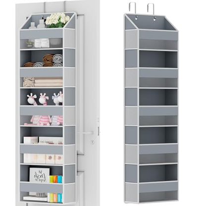 Over The Door Organizer - Over Door Storage Organizer with 5 Large Pockets & 10 Mesh Side Compartments - Heavy-Duty Hanging Storage for Bathroom, Bedroom & Closet - Baby Room Organize - Grey