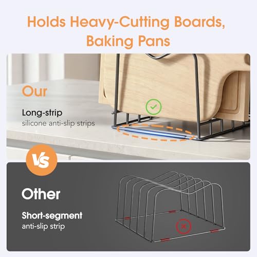 5mm Wire Cutting Board Organizer Holder Stand for Cabinet Countertop | Full silicone strip, no slipping or scratches, 1.2" slot spacing, Holds cutting boards, sheet pans, skillets inside Cabinet