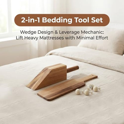 Mattress Lifter & Bed Making Tool Set, Wooden Wedge Lever with Sheet Tucking Tool & 8 Sheet Fasteners, Bedding Helper for Seniors, Caregivers and Housekeepers