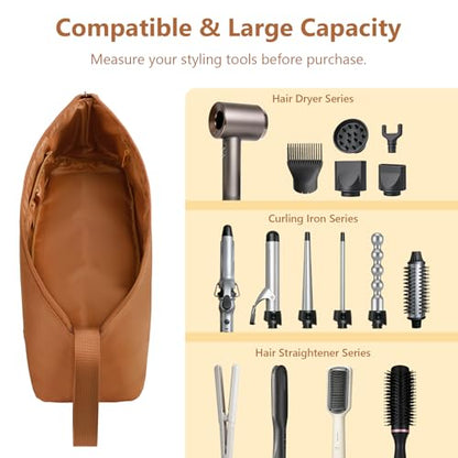 MOKURA Hair Tools Travel Bag with Heat Resistant Mat Fits Curling Iron | Hot Hair Accessories Organizer Case, Women Travel Essentials, Storage Pouch for Flat Iron Hair Dryer, Brown