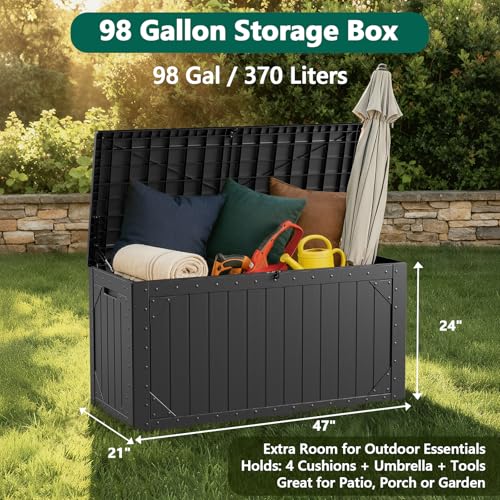 Outdoor Storage Box, 98 Gallon Deck Box, Outdoor Storage Bench, Waterproof Resin Storage Bench with Lockable Lid, Patio Furniture Cushions & Garden Tools Storage, UV Resistant (Black)