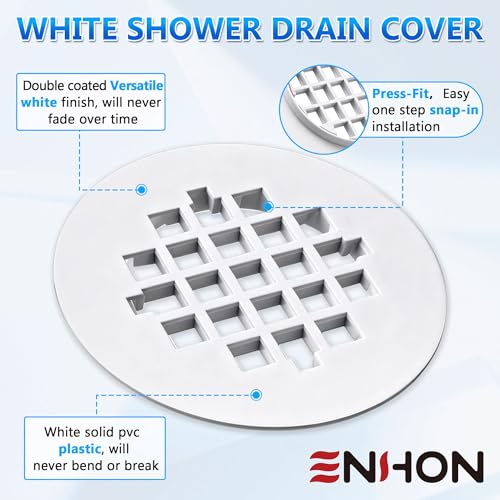 2 Pack 4-1/4 Snap in Shower Drain Cove White,PVC Plastic | Round Strainer Drain Grid, Bathroom Shower Grate Cap Replacement for Hair Catcher