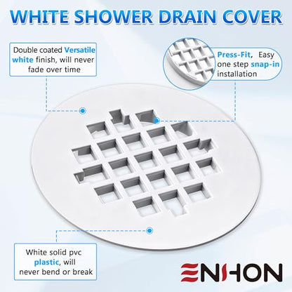 2 Pack 4-1/4 Snap in Shower Drain Cove White,PVC Plastic | Round Strainer Drain Grid, Bathroom Shower Grate Cap Replacement for Hair Catcher
