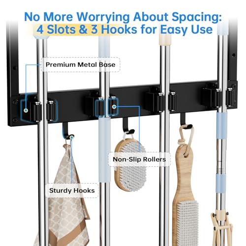 Broom Holder Wall Mount, Mop Organizer with Cleaning Tools Storage Shelf | Sturdy Metal Barn Cleaning Supplies Holder Gripper Hooks, Utility Hanger Closet Organizer for Home Improvement Garage Kitchen