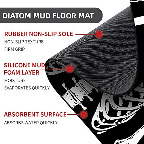 Diatomaceous Earth Bath Mat,Black Funny Skull Non-Slip Volume Super Absorbent Fast Drying for Bathroom Kitchen Door mat,Eco-Friendly Easy to Clean 16×24Inch (40 * 60cm)
