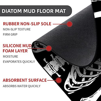 Diatomaceous Earth Bath Mat,Black Funny Skull Non-Slip Volume Super Absorbent Fast Drying for Bathroom Kitchen Door mat,Eco-Friendly Easy to Clean 16×24Inch (40 * 60cm)