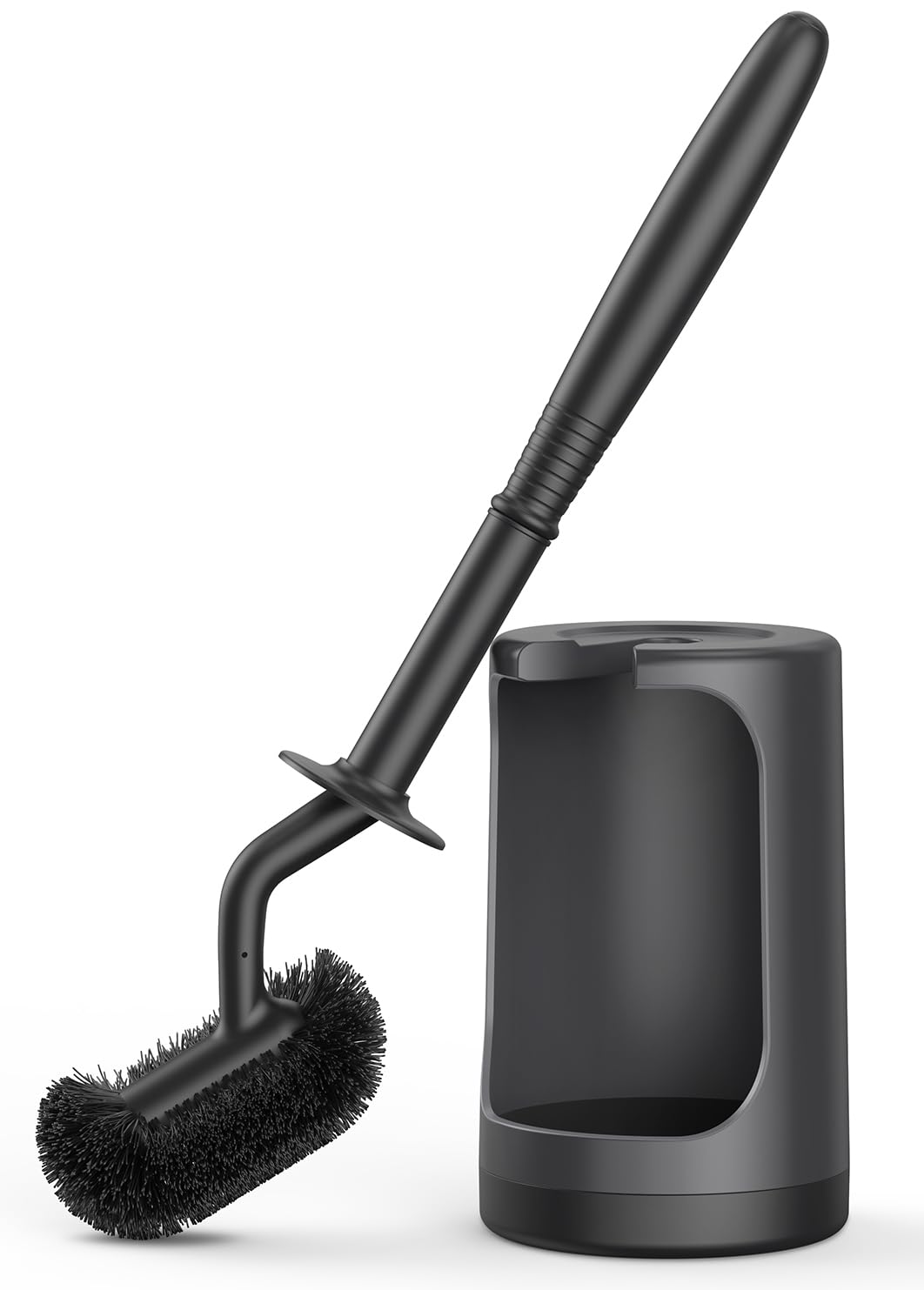 HAMITOR Toilet Bowl Brush Holder Set: Curved Design with Holder for Deep Cleaning Under Rim - Compact Hidden Scrubber for Small Space - Modern RV Bathroom Accessories - Black