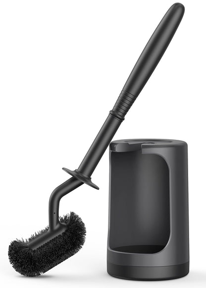 HAMITOR Toilet Bowl Brush Holder Set: Curved Design with Holder for Deep Cleaning Under Rim - Compact Hidden Scrubber for Small Space - Modern RV Bathroom Accessories - Black