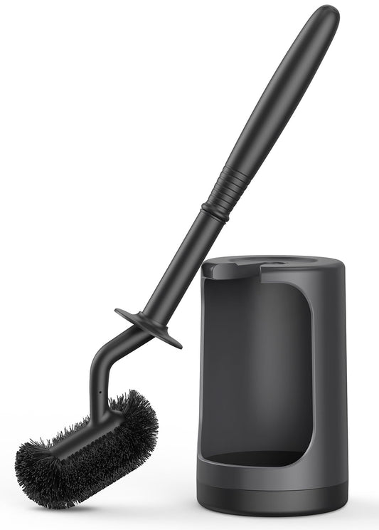 HAMITOR Toilet Bowl Brush Holder Set: Curved Design with Holder for Deep Cleaning Under Rim - Compact Hidden Scrubber for Small Space - Modern RV Bathroom Accessories - Black