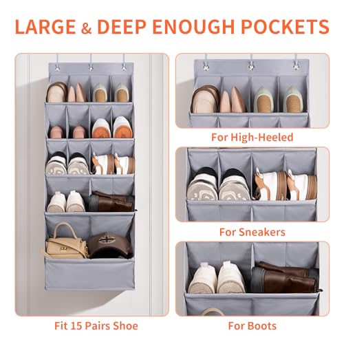 FENTEC 1 Pack Over-the-Door-Shoe-Organizers,Hanging Organizers with Large Pocket Shoe Holder Hanging Shoe Rack for Closet Shoe Organizer for Wall, Over Door Organizer with 15 Pockets Gray