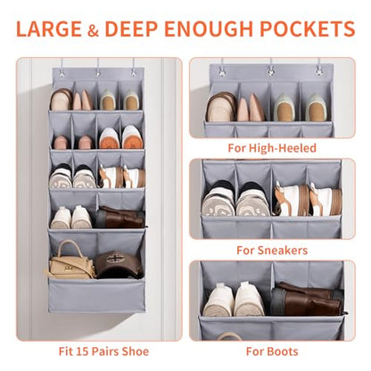 FENTEC 1 Pack Over-the-Door-Shoe-Organizers,Hanging Organizers with Large Pocket Shoe Holder Hanging Shoe Rack for Closet Shoe Organizer for Wall, Over Door Organizer with 15 Pockets Gray