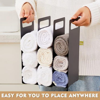 Set of 2 Towel Organizer for Closet Shelf, Interlocking Metal Towel Storage Organizer for Bathroom, Storage Rack with Divider for Linen Closet, Cabinet and Home Organization (Black)