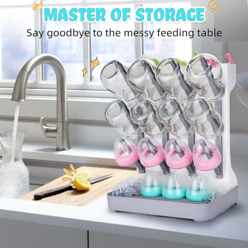 Baby Bottle Drying Rack: Space Saving Vertical Bottle Drying Holder with Brushes Holder - Large Bottle Storage Holder Organizer 12 Bottles & Baby Accessories,BPA-Free, Gray