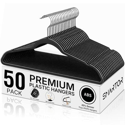 Plastic Hangers 50 Pack, Heavy Duty Plastic Hangers for Clothes | Non-velvet Slim Hangers with 360° Swivel Hook & Clothes Thin Hanger - Durable Coat Hangars, Space Saving Hanger - Black
