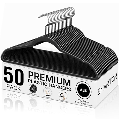 Plastic Hangers 50 Pack, Heavy Duty Plastic Hangers for Clothes | Non-velvet Slim Hangers with 360° Swivel Hook & Clothes Thin Hanger - Durable Coat Hangars, Space Saving Hanger - Black