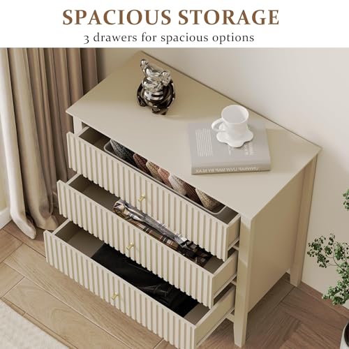 RoyalCraft Beige Fluted 3 Drawer Dresser, 32 inch Wide Dresser Nightstand for Bedroom, Modern Wood Chest of Drawers, Large Painted Nightstand with 3 Drawers for Closet, Hallway, Entryway