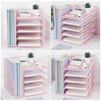 Desk Organizers and Accessories, 5-Tier Paper Letter Tray Organizer with File Holder, Desktop Organizer for Office Supplies (Pink)