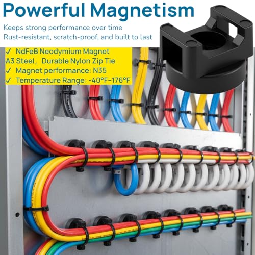225-Pc Magnetic Cable Ties Set,Magnetic Zip Tie Mounts & Cable Ties | Magnetic Wire Holder, 25 Magnetic Cable Holders & 200 Zip Ties, Magnet Cable Tie Mounts for Cables, Wires, Cords, Hoses-22 mm