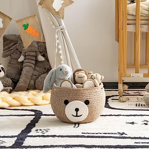 Baby Basket for Gifts Empty, Cute Bear Design, Light Brown | 10.5" x 8.5" Baby Shower Basket for Kids Boys Newborn Storage, Toy Basket for Living Room Nursery Décor, Soft Cotton Rope