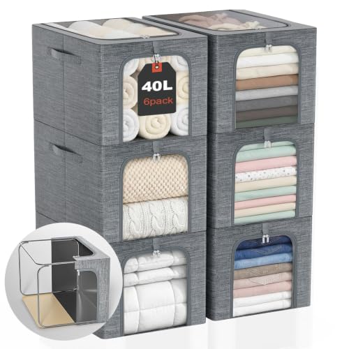 Clothes Storage Bins with Metal Frame for Closet,... (6 Count | Gray)