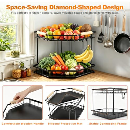 2 Tier Corner Fruit Basket for Kitchen Counter With 2 Banana Hangers | Space-Saving Corner Design, 2 Protective Mats,Wooden Handle,Fruit Holder For Fruit and Vegetable Storage,Counter Fruit Stand