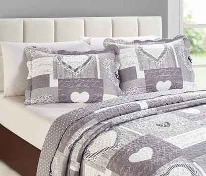 Brilliant Sunshine Grey Heartlove Pillowshams Set, 20"x26"+2" | Patchwork Design, Quilted Standard Pillowcases, Washable Scallop Edge Pillow Covers, Pack of 2