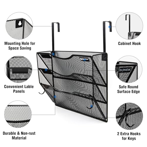 Wall File Organizer, 3 Tire Hanging File Folder Mail Organizer, Vertical Mesh Metal Door/Wall Mount Hanging File Holder, Paper Document Magazine Rack with Hooks for Home Office Black