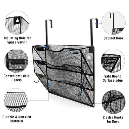 Wall File Organizer, 3 Tire Hanging File Folder Mail Organizer, Vertical Mesh Metal Door/Wall Mount Hanging File Holder, Paper Document Magazine Rack with Hooks for Home Office Black