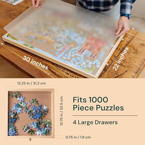 PlayVibe 1000 Piece Puzzle Board with Drawers & Cover - Wooden Tray | Portable wood jigsaw tray - 4 drawers - protective cover - sturdy - Use for family game night, travel & gifts