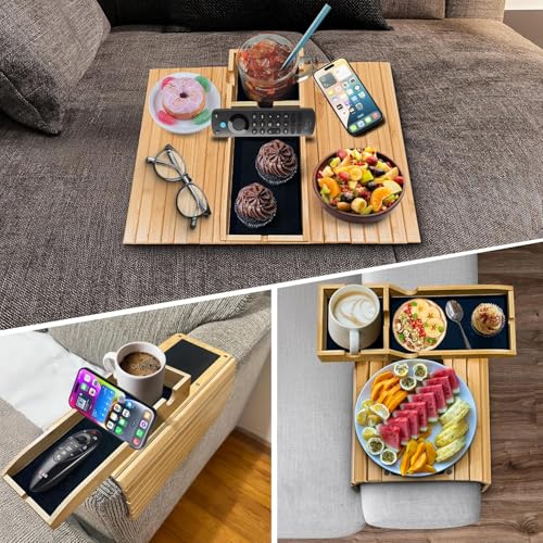 Magnetic Bamboo Couch arm tray - 3 in 1 Detachable Bamboo Sofa Arm Tray Table with Cup Holder - Foldable Non Slip Couch Armrest Table For Remote, Cell-Phone & Drinks, Snacks – Space-Saving,17.6"x13.3"