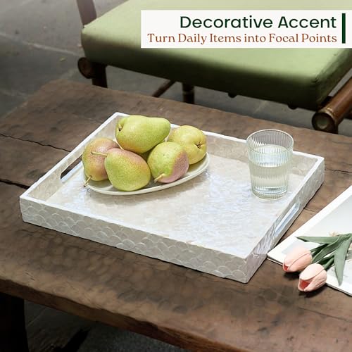 15.8" x 11.8" Capiz Shell Decorative Tray, Coastal Serving Tray | Natural Capiz Shell Inlaid, Fish-Scale Pattern, White Tray. Handmade Rectangular Serving Tray With Handles For Coffee Table