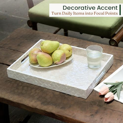 15.8" x 11.8" Capiz Shell Decorative Tray, Coastal Serving Tray | Natural Capiz Shell Inlaid, Fish-Scale Pattern, White Tray. Handmade Rectangular Serving Tray With Handles For Coffee Table