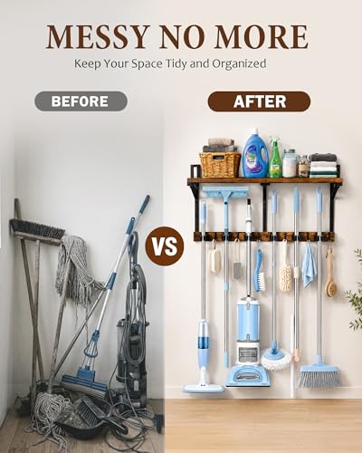 Lorbro Broom Holder Wall Mount with Cleaning Supplies Storage, Heavy Duty | 3 in 1 Broom and Mop Organizer Wall Hanging, Wooden Mop Organizer Hanger, Storage Shelves for Laundry Room, Garage