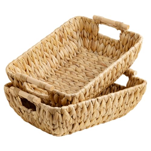 Storageworks Wicker Baskets For Organizing, Water Hyacinth Storage Baskets | Wicker Storage Baskets For Shelves, Baskets With Wooden Handles, 2-Pack Gifts Basket For Home Decor, Hand-Woven Basket