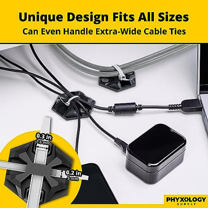 Rugged, Stylish Adhesive XL Zip Tie Mounts 100 Pack. Premium 1.5in Sticky Back Ziptie, Cord, and Cable Management Anchor Clips. Easy Peel and Stick Mounting Bases With Hanging Organizer Box Dispenser
