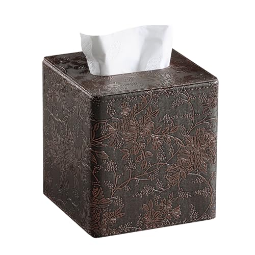 Square Tissue Box Cover, Stylish Leather Tissue Box Holder with Magnetic Bottom, Used As A Decorative Tissue Holder for Living Rooms, Bedrooms, and Desks (Brown Grape Pattern)