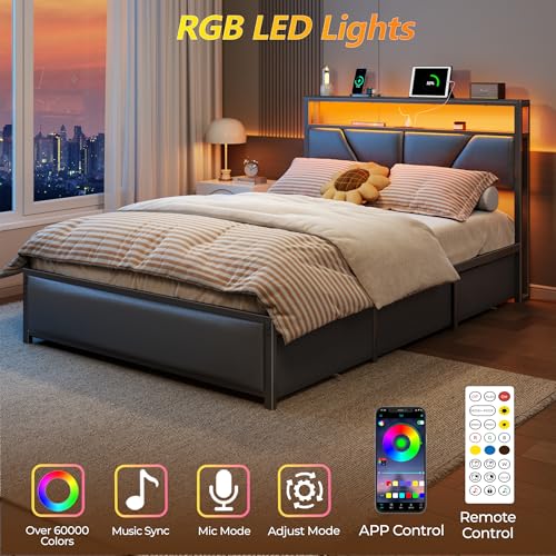 Full Size Bed Frame with Storage Headboard, 6 Drawers, LED&Charging